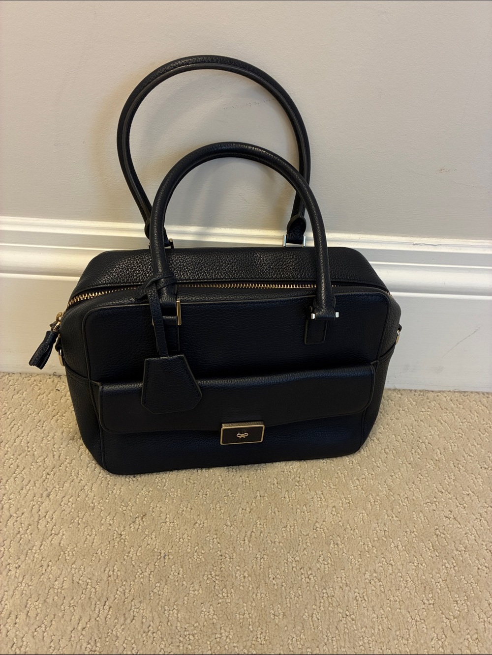 Authentic Anya Hindmarch Black Grain Leather Handbag Clochette Tassels👝